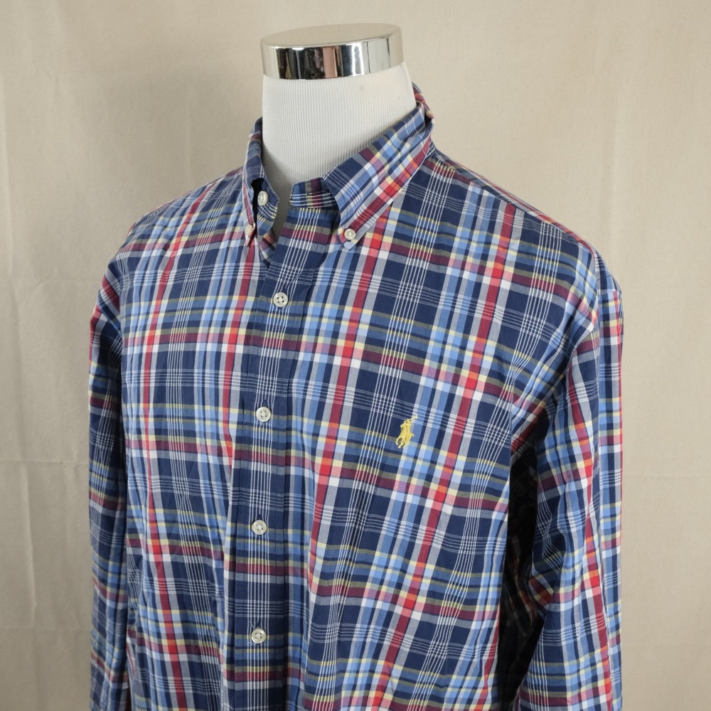 Polo Ralph Lauren XXL Custom Fit Button Down Shirt Red White Blue Plaid Mens
